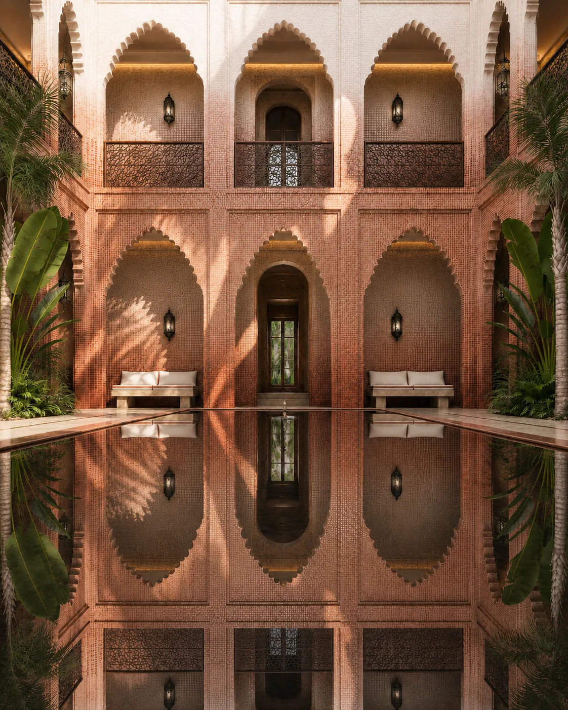 Riad Azalaï, cour de riad en mosaïque rose terracotta avec long bassin miroir et arcs festonnés dans la médina de Marrakech