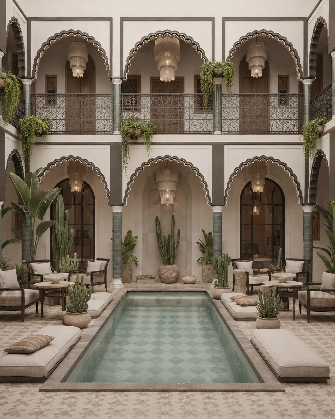 Riad Nora, cour de riad avec piscine en damier, arcs festonnés anthracite et colonnes en zellige céladon dans la médina de Marrakech