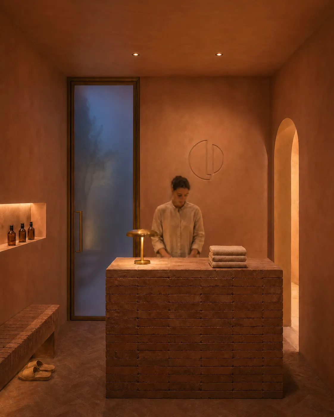RITU, spa urbain aux arches roses avec bassin intérieur céladon sous plafond en lattes de cuivre à Marrakech