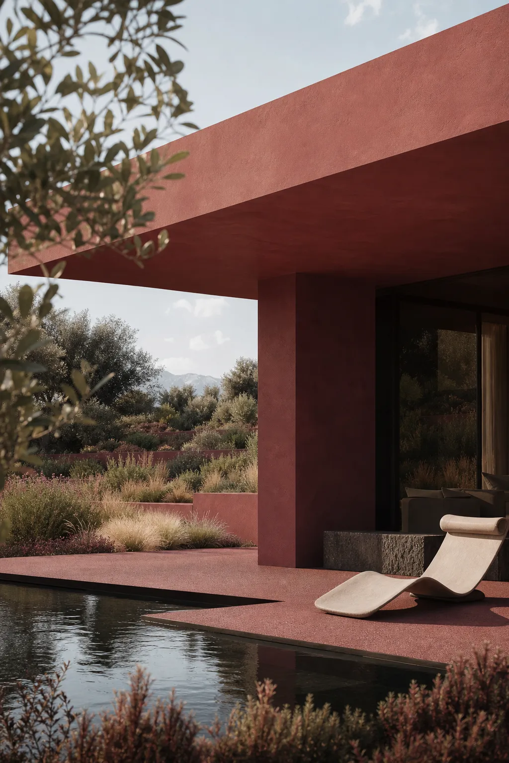 Terra Rubra, ensemble de sept villas contemporaines rouge oxyde avec canaux d'eau et jardin sec dans la Palmeraie à Marrakech