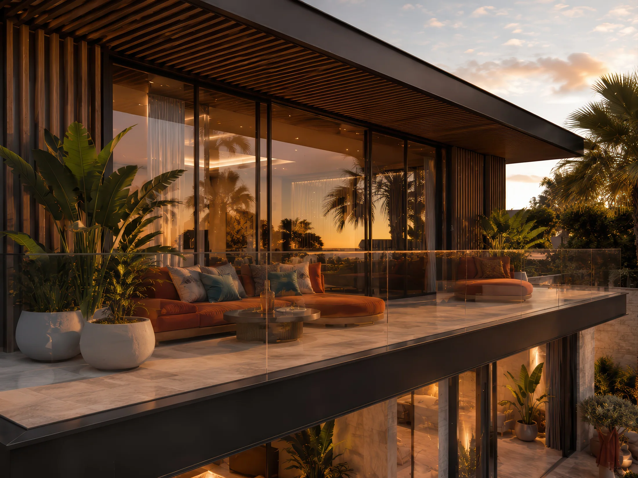 Villa ZS, terrasse panoramique d'une villa contemporaine au coucher du soleil sur la Route de l'Ourika à Marrakech