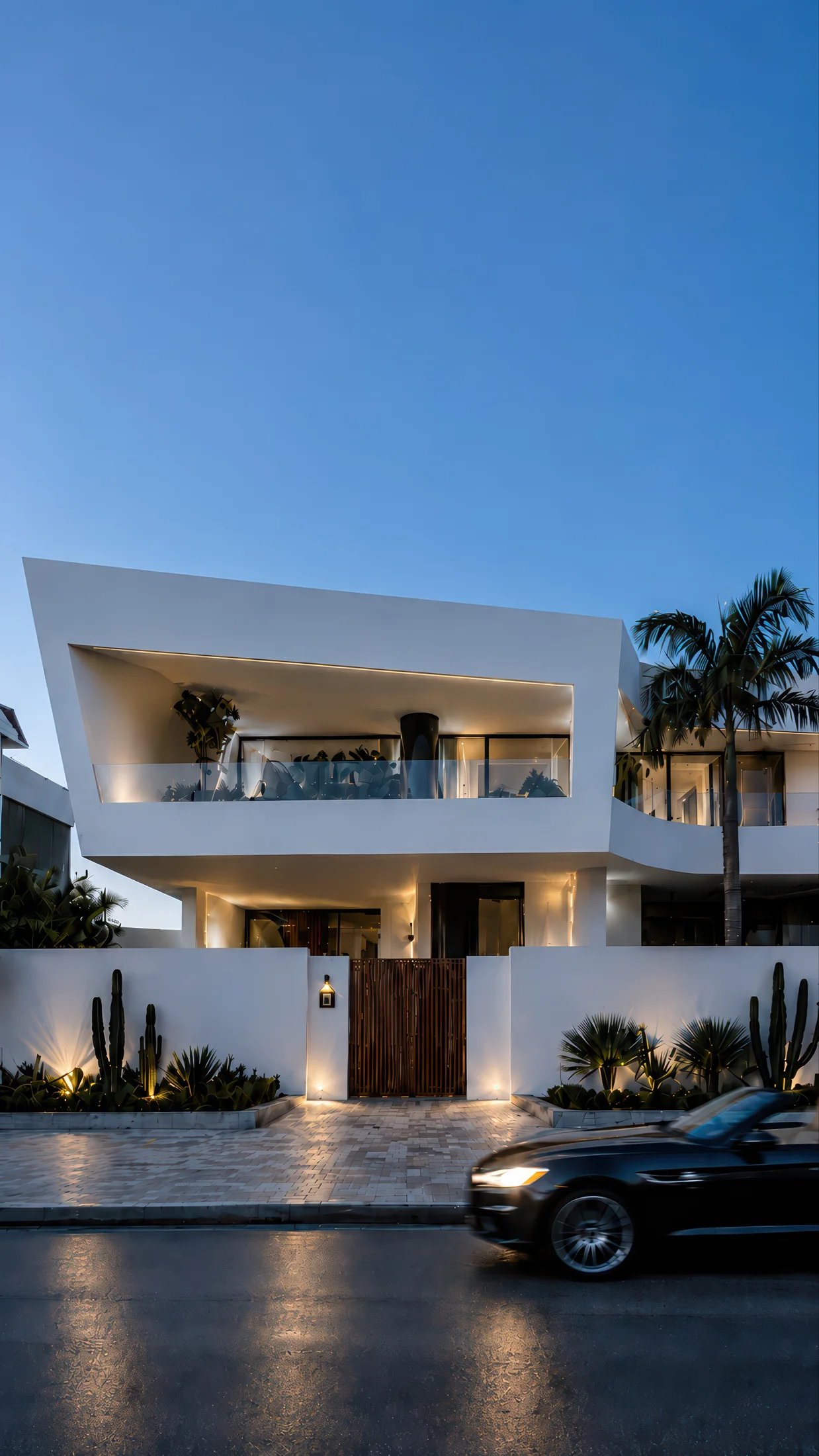 Villa Kaiss, villa blanche contemporaine à façade sculpturale et éclairage de nuit à Dar Bouazza, Casablanca